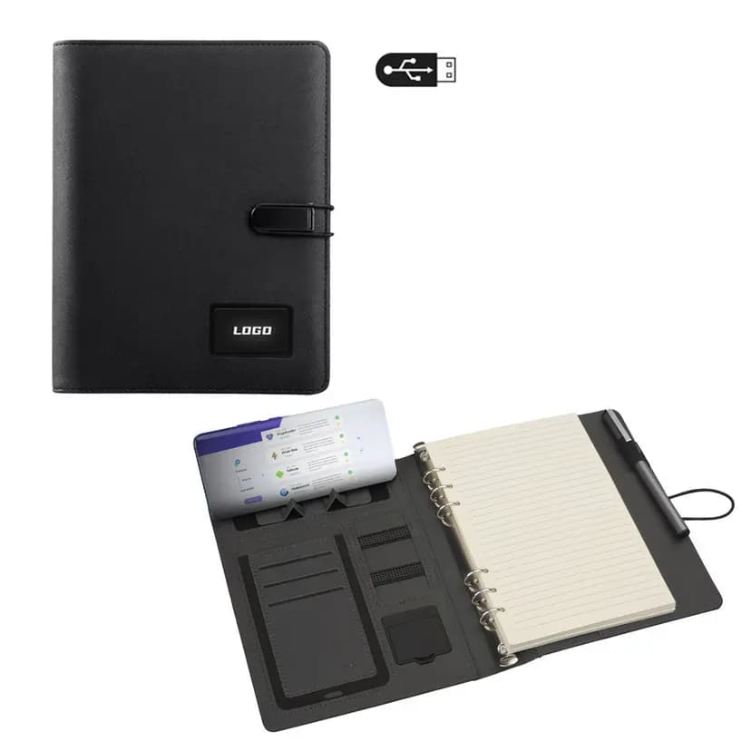 Promosyon siyah deri ajanda ve powerbank, şık tasarım ve pratik kullanım