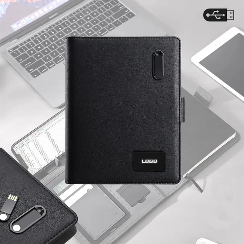 Promosyon siyah deri ajanda ve powerbank, şık ve kullanışlı tasarım