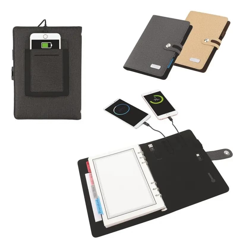 Promosyon şık ajanda ve powerbank, siyah ve bej renk, dokulu yüzey