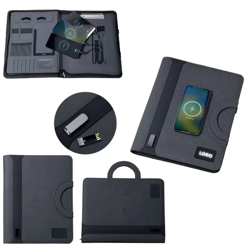 Promosyon powerbank ve kablosuz şarj özelliği bulunan organizatör çanta, 8000 mAh batarya kapasitesine sahip