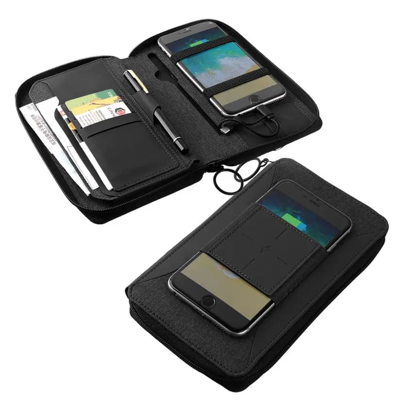 promosyon fermuarlı siyah cüzdan organizatör, pasaport cebi, çoklu telefon tutucusu ve powerbank bölmeli