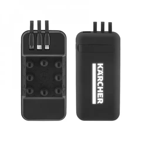 Promosyon siyah powerbank, üst kısmındaki üç pimli priz yapısıyla