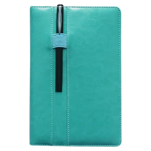 promosyon lacivert deri kapaklı defter, dikişli yüzey ve siyah kalem halkası