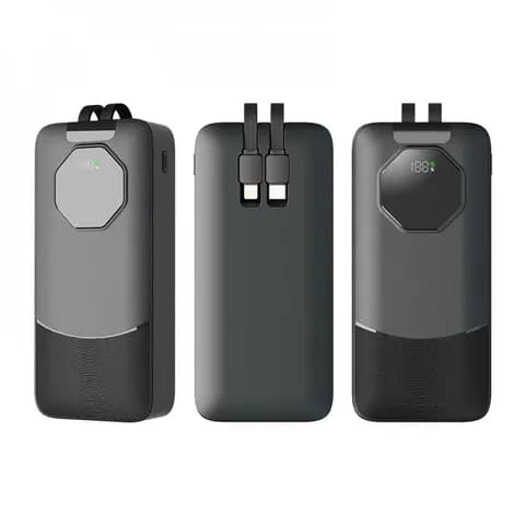 Promosyon koyu gri powerbank, dijital yüzde göstergesi ve iki dahili kablosuyla üç açıdan