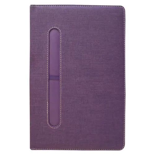 promosyon mor kumaş dokulu defter kapağı, dikişli kenar ve dikey kalem yuvası