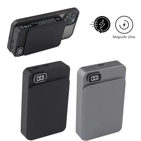 Promosyon siyah ve gri ikili manyetik powerbank, yan yüzeyinde sertifika baskıları