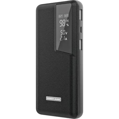 Promosyon siyah powerbank, dijital ekranı ve takılı açılı kablosuyla