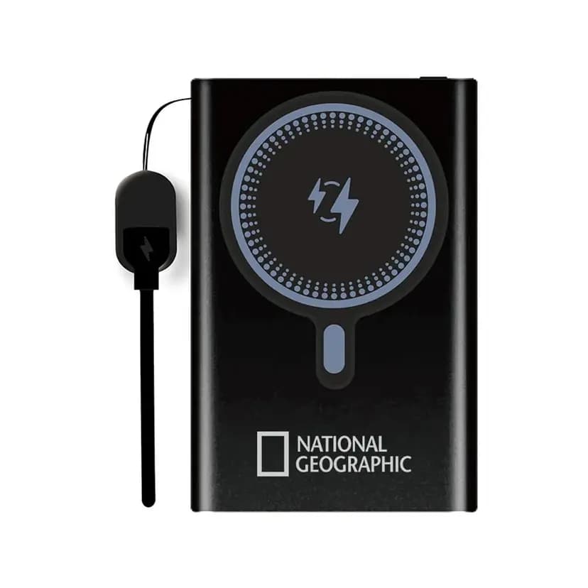 Siyah promosyon powerbank, dahili şarj kablosu ve kablosuz şarj halkası, şimşek simgesi