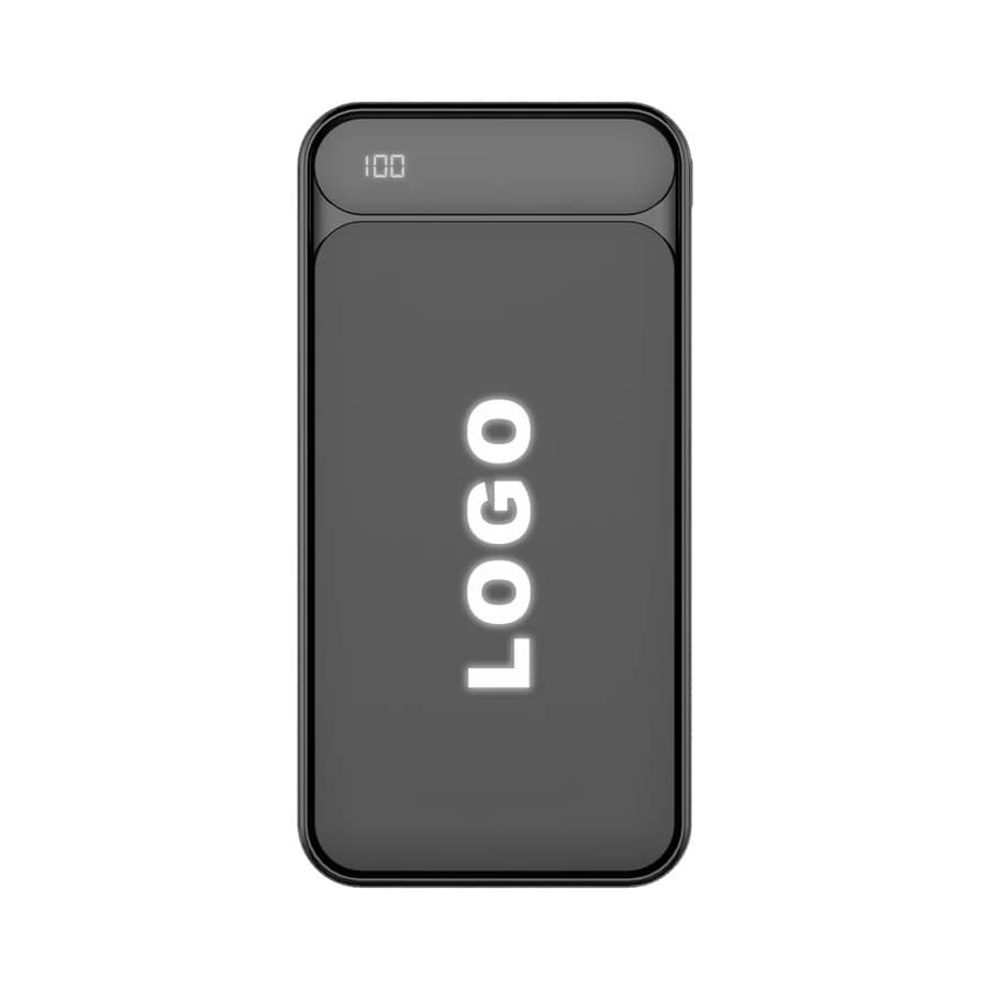 Promosyon koyu gri ince powerbank önden, dikey logo alanı ve üst gösterge