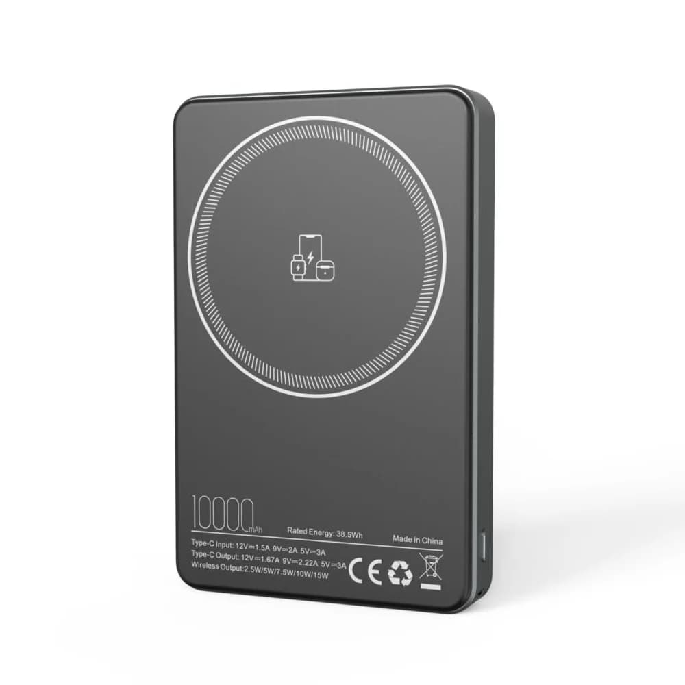 Promosyon koyu gri metal MagSafe powerbank, halka içinde şimşek ve 10000 mAh etiketi