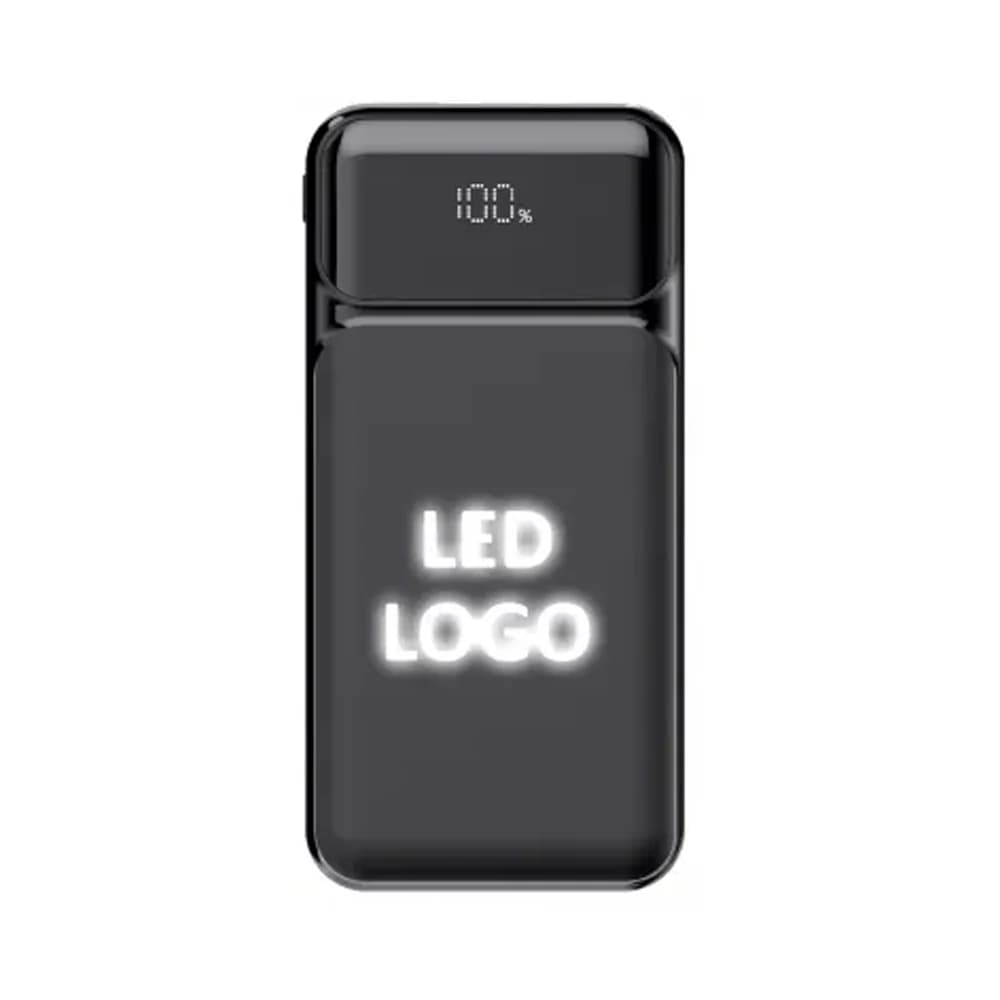 Promosyon siyah powerbank ön yüz, dijital yüzde 100 göstergesi ve ışıklı logo alanı