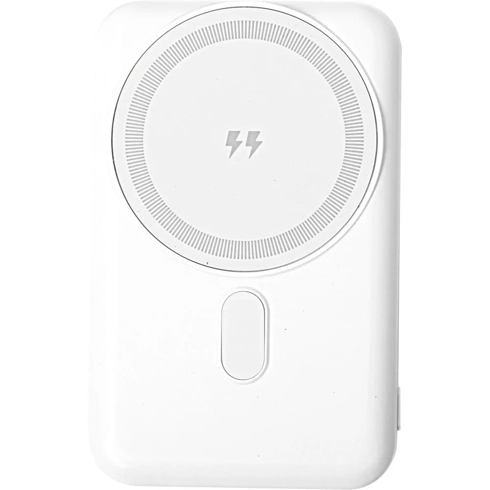 Beyaz manyetik kablosuz powerbank; yuvarlak şarj halkası ve oval düğme.